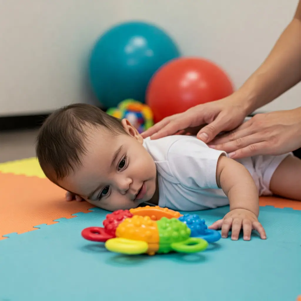 Bebé tortícolis congénita en tratamiento fisioterapia infantil